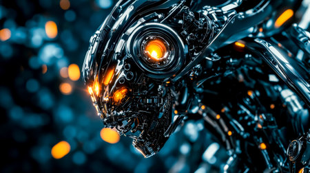 Futuristic robot soldier looking menacing with glowing eyesの素材