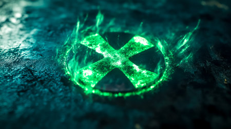 Green radioactive symbol glowing on dark backgroundの素材