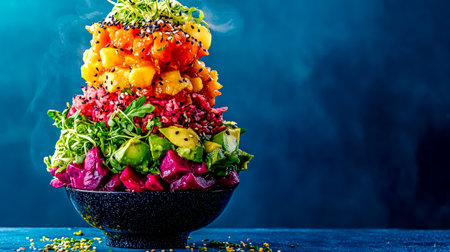 Steaming layered rainbow poke bowl with salmon and mangoの素材