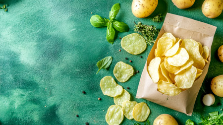 Delicious potato chips spilling from brown paper bagの素材