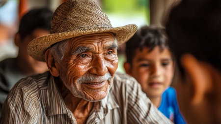Elderly farmer sharing stories and wisdom with younger generationの素材