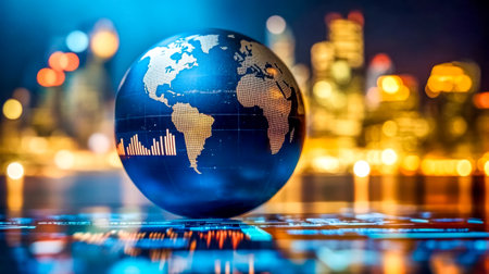 Globe showing global business and financial data with city skyline in backgroundの素材