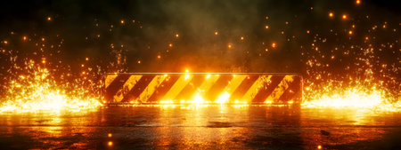 Digital barrier with sparks and warning symbol on wet asphaltの素材
