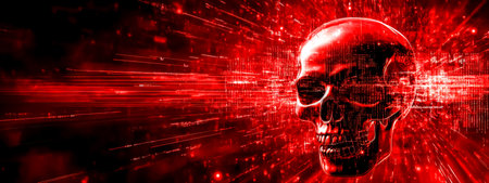 Digital skull emerging from binary code stream in red cyberspaceの素材