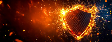 Digital shield protecting against cyber attacks with sparks and fireの素材