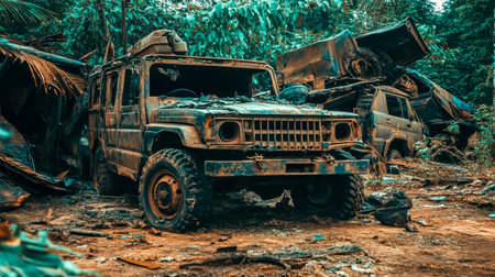 Abandoned military vehicles rusting in jungleの素材