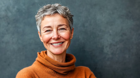 Smiling senior woman with gray hair and orange sweater posing on dark backgroundの素材