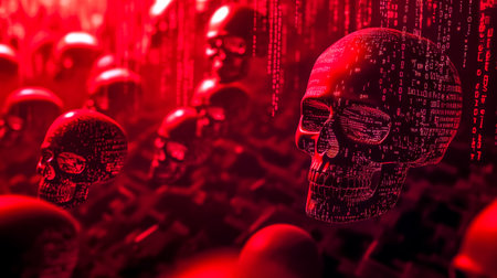 Red skulls showing impending cyber attack warning screenの素材