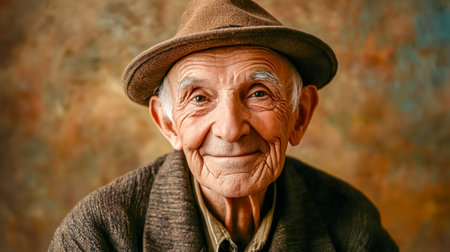 Portrait of proud elderly farmer smiling and wearing a hatの素材