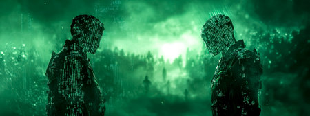 Two digital armies of binary code facing each other in futuristic battleの素材