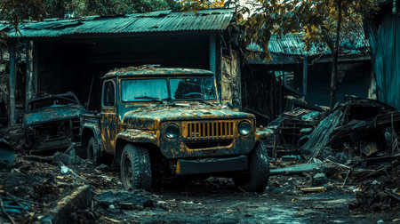 Abandoned rusty military vehicle parked near destroyed buildingの素材