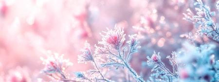 Frozen flowers sparkling in a magical pink and blue light during winterの素材
