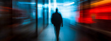 Businessman walking in futuristic corridor with motion blur effectの素材