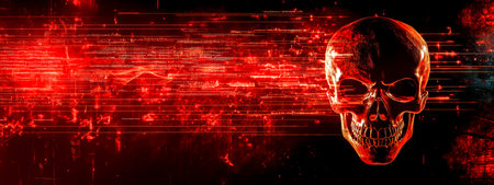 Glowing red skull emerging from digital data streamの素材