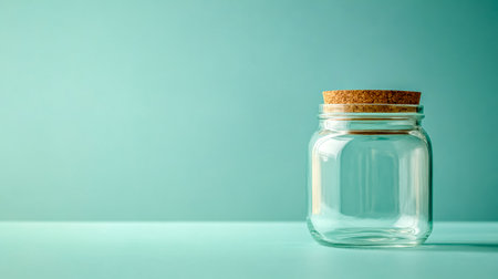 Empty glass jar with cork lid on turquoise backgroundの素材
