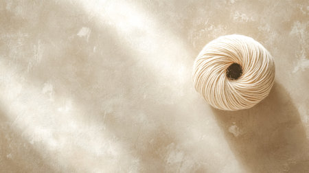 Ball of natural cotton twine resting on textured surface with sunlightの素材