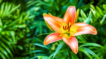 Vibrant orange lily blooming in lush green gardenの素材