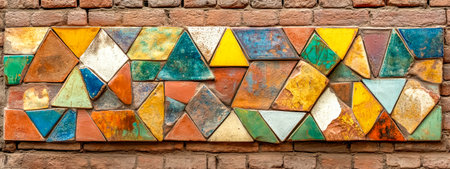 Colorful ceramic tiles forming geometric pattern on rustic brick wallの素材