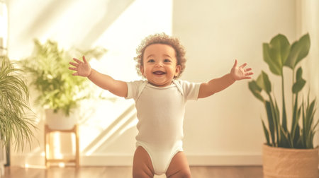 Happy toddler taking first steps at home with open armsの素材