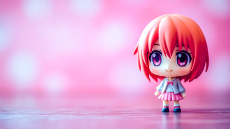 Cute chibi anime character standing on pink surfaceの素材