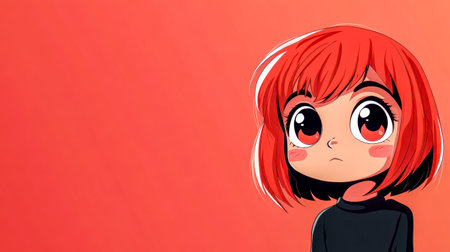 Chibi girl with red hair and big eyes expressing curiosity on red backgroundの素材