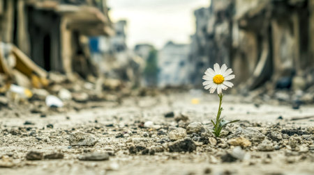 Lone flower blooming amidst rubble in war torn cityの素材