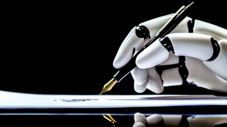 Robotic hand writing with a fountain pen on paper in the darkの素材