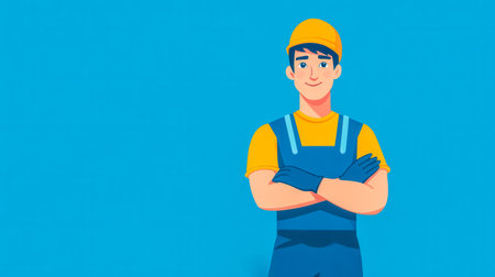 Confident service employee standing with crossed arms and wearing gloves and hardhatの素材