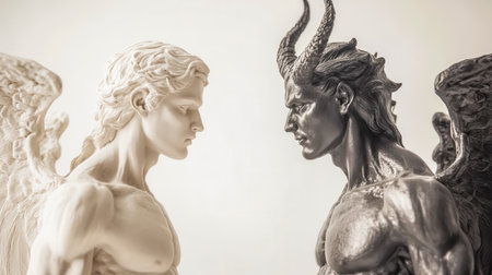 Angel and devil facing each other, embodying good and evilの素材