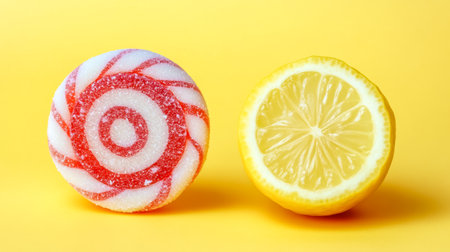 Red and white candy and half a lemon on yellow background symbolizing sweet and sourの素材