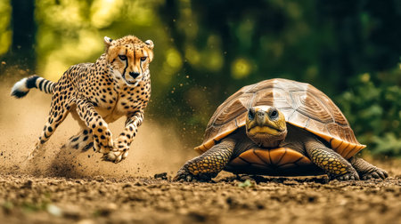 Cheetah running near a slowly walking turtle in a dusty environmentの素材