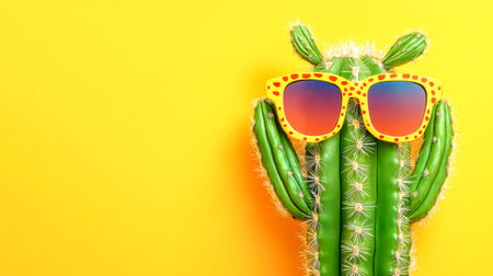 Cheerful cactus wearing stylish sunglasses on vibrant yellow backgroundの素材