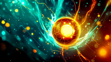 Glowing power up item surrounded by energy effects in a futuristic sci fi sceneの素材