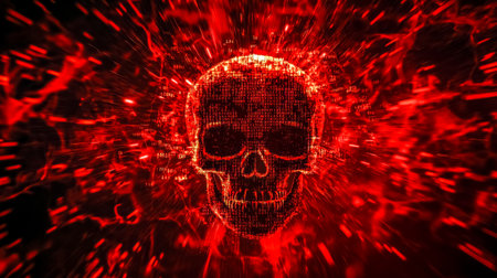 Flaming skull emerging from binary code in digital worldの素材
