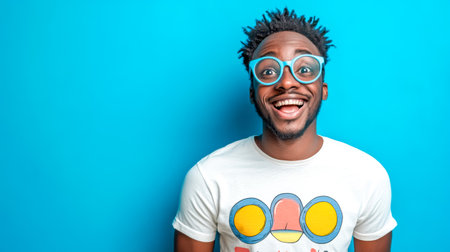 Excited young man smiling and wearing funny glasses on blue backgroundの素材