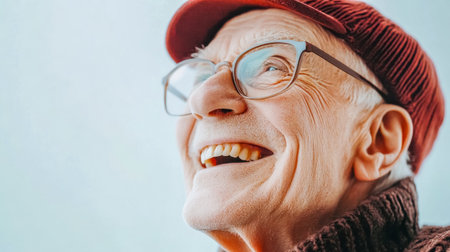 Happy elderly man smiling and wearing glasses and a red hatの素材