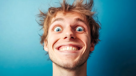 Portrait of excited man showing teeth and making funny faceの素材
