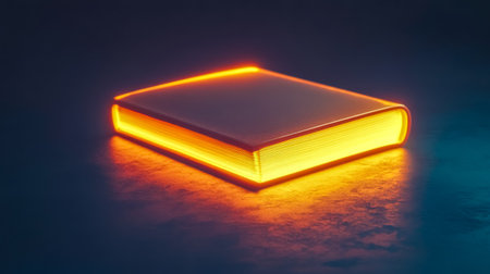 Glowing hardcover book illuminating dark background, knowledge and mystery conceptの素材