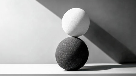 White sphere balancing on black sphere in minimalist settingの素材