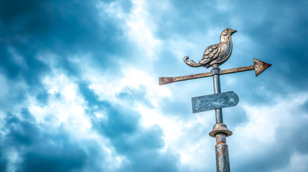 Bird weather vane showing wind direction under cloudy skyの素材