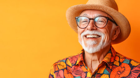 Portrait of happy senior man wearing colorful shirt and straw hat smiling on orange backgroundの素材