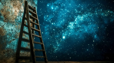 Wooden ladder leaning against wall reaching for the starsの素材