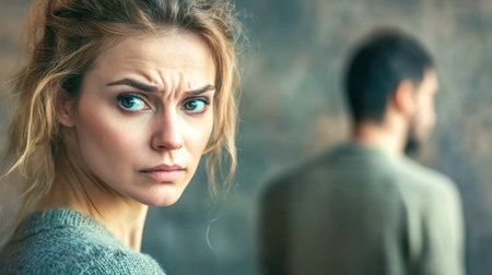 Woman doubting and looking back at man, relationship problems and infidelityの素材