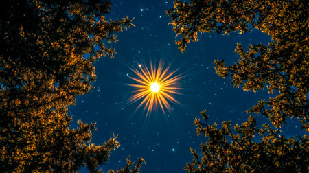 Bright star shining prominently in night sky with tree branchesの素材