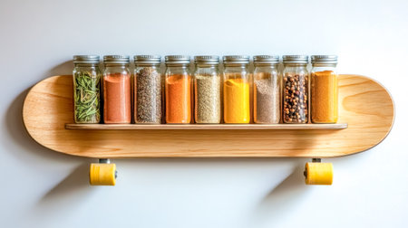 Skateboard repurposed as a spice rack holding various colorful spicesの素材
