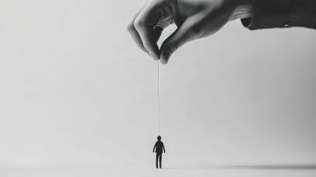 Puppeteer controlling silhouette of businessman with strings on white backgroundの素材