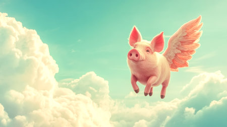 Winged pig soaring through cloudy sky, a whimsical journeyの素材