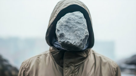 Person hiding face with stone protecting identityの素材