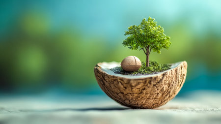 Miniature tree and seed growing inside a nutshell symbolizing sustainabilityの素材