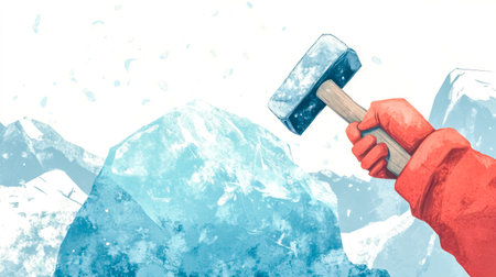 Hand with hammer breaking ice in mountain landscape illustrationの素材
